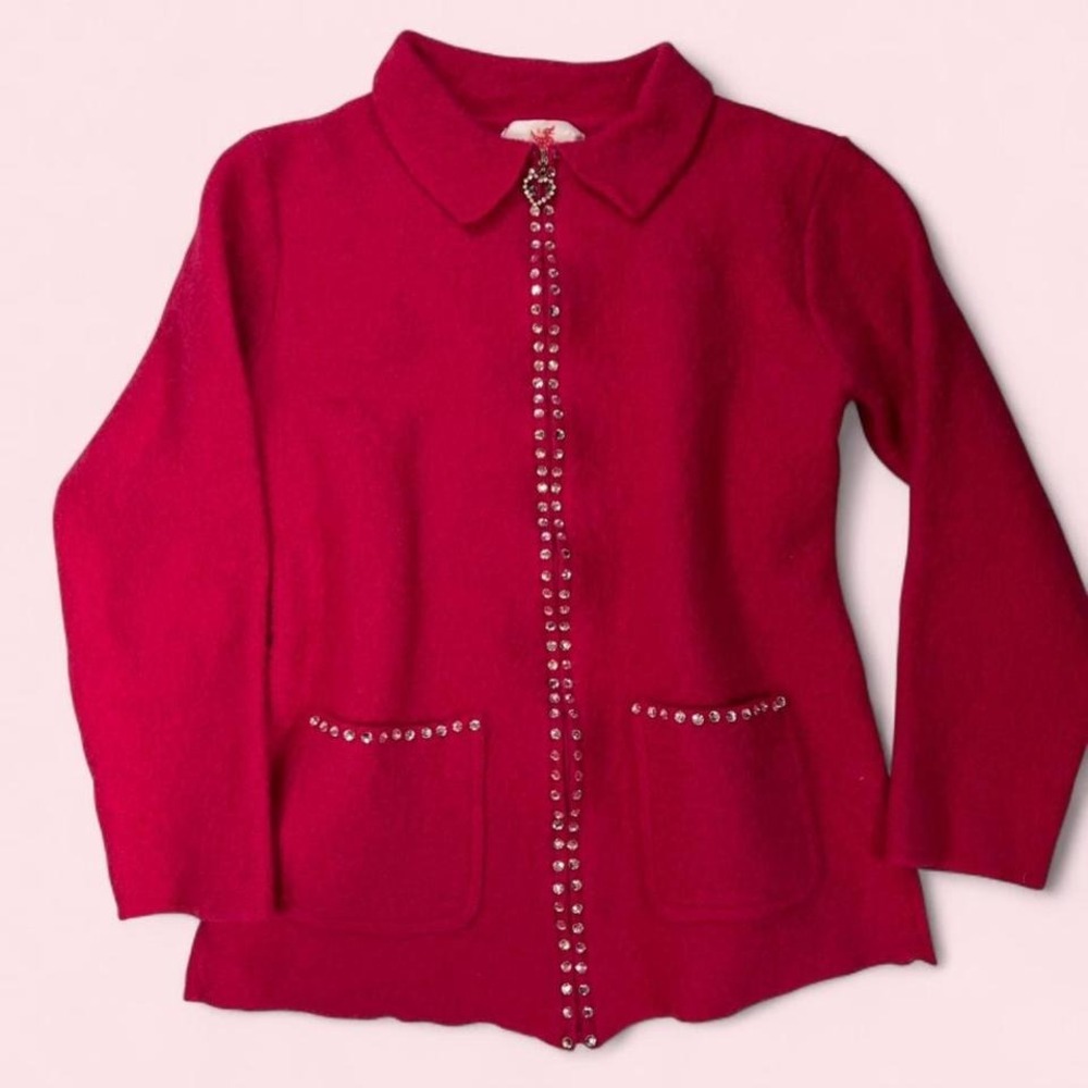 NWT Quacker Factory 100% Wool Pink Rhinestone Zip Up‎ Sweater Size Small